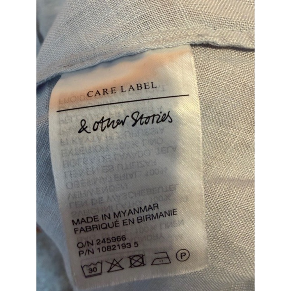 Other Stories 100% Linen‎ Puff Sleeve Button Front Midi Dress Light Blue Size 4 - Picture 9 of 9